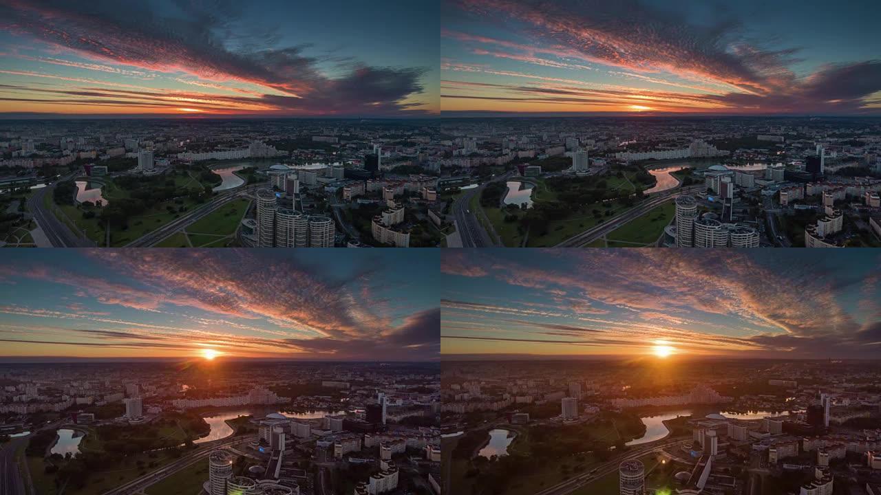 白俄罗斯日落天空明斯克市内米加河中心空中全景4k延时