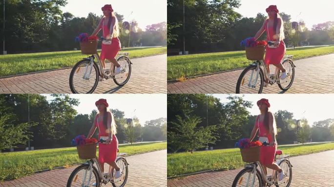 日落时，年轻迷人的女孩在公园骑老式自行车