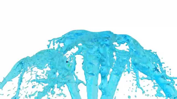 蓝色喷泉的流动在空气中飞扬，飞溅很多。慢动作拍摄蓝色液体，如糖浆或甜柠檬水，阿尔法通道为luma哑光