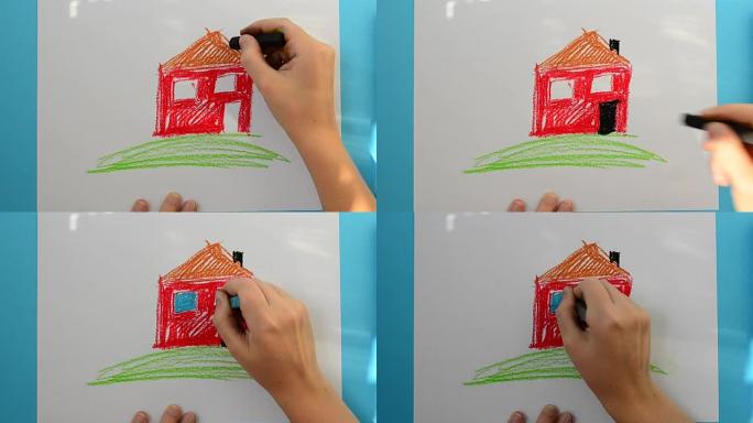我们画房子。孩子画了这幅画。