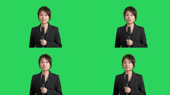 绿色屏幕上的快乐中文亚洲新闻记者