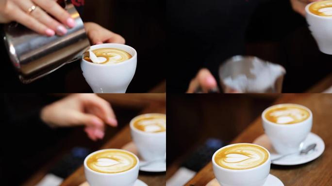 咖啡师制作拿铁或卡布奇诺咖啡的手倒牛奶制作拿铁艺术。