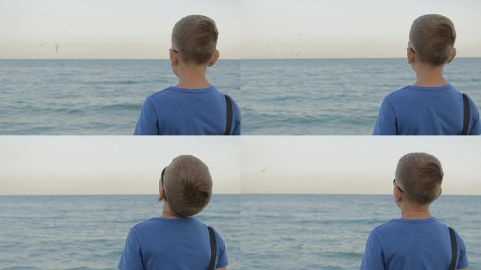 戴着太阳镜的男孩少年看着大海