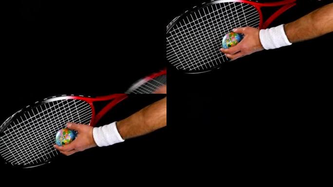网球运动员的手在击中球和球拍之前的特写镜头，黑色背景