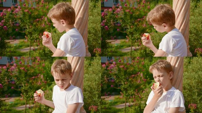 男孩吃红苹果，特写