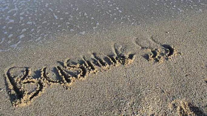 沙子上的铭文业务。铭文被海浪冲走。