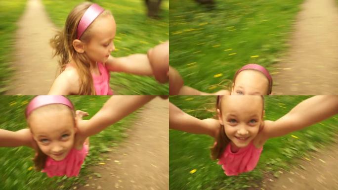 奇妙的女孩在公园里旋转。