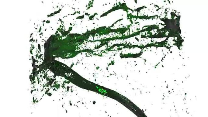 绿色液体如糖浆或甜柠檬水流入漩涡或龙卷风。液体的流动旋转并形成慢动作的龙卷风，其中阿尔法通道为lum