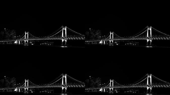 黑白、单色、背景、韩国釜山夜间的广安大桥