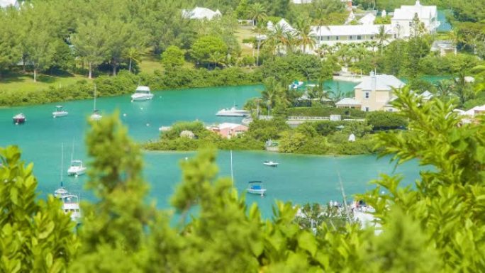 百慕大群岛水道，有绿色植物、建筑物和船只