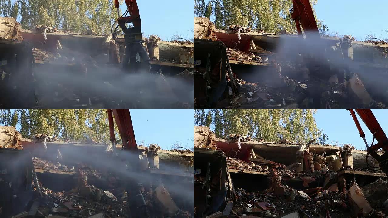 液压破碎机挖掘机机械正在拆除老房子
