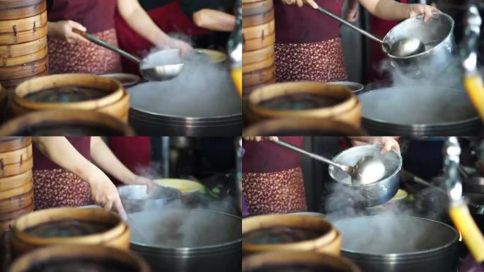 不同层次的蒸点心竹盘传统中餐
