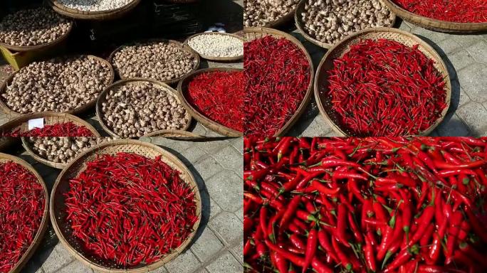 市场上红辣椒的特写镜头堆。
