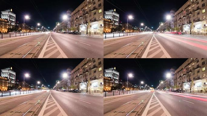 华沙一条交通道路的时间流逝，夜间有电车