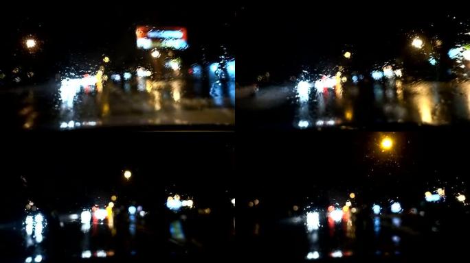 慢动作黑暗破折号摄影车在雨夜的场景