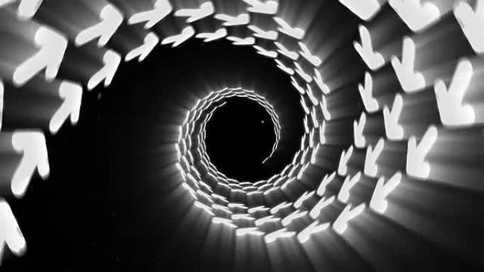 白色箭头的照明隧道，旋转线循环动画，