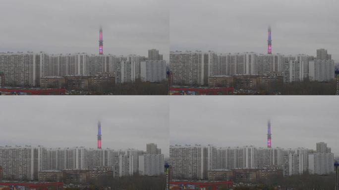 奥斯坦金诺塔有雾。俄罗斯莫斯科的独立式电视和广播塔。它是世界大塔联合会的成员，目前在欧洲最高，在世界