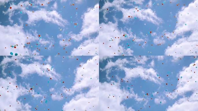 许多红色，白色，蓝色的气球在美丽的乌云密布的天空中飞行。俄罗斯国旗的颜色