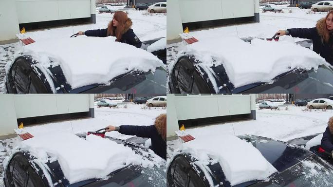 一个女孩从雪中清理汽车