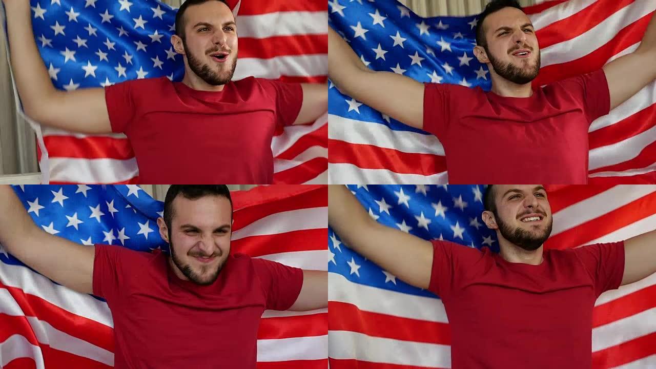 美国男子庆祝美国国旗