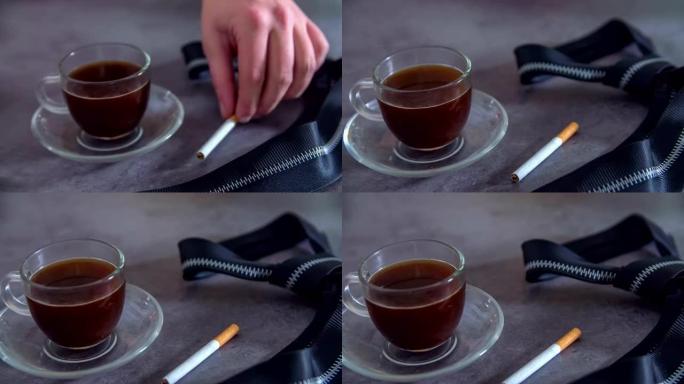一杯黑咖啡和一支香烟