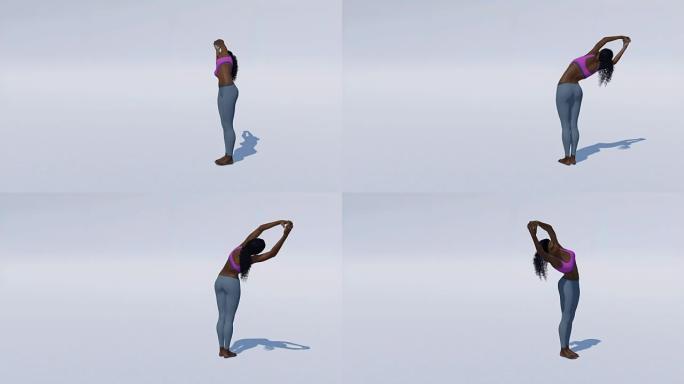 半月形瑜伽的非洲女人在白色背景上摆姿势