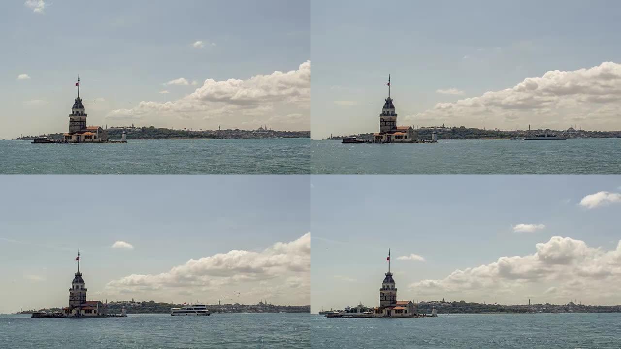 Maiden's Tower和Bosphorus Time Lapse，伊斯坦布尔，土耳其