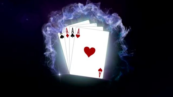 四个ACES，扑克在粒子环，渲染，背景，最后白色过渡
