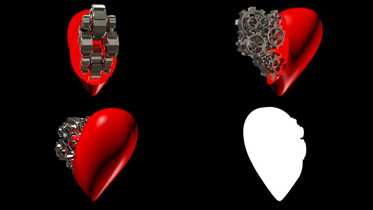 齿轮的心脏，健康的概念，机械心脏，阿尔法通道视频循环在3.11秒
