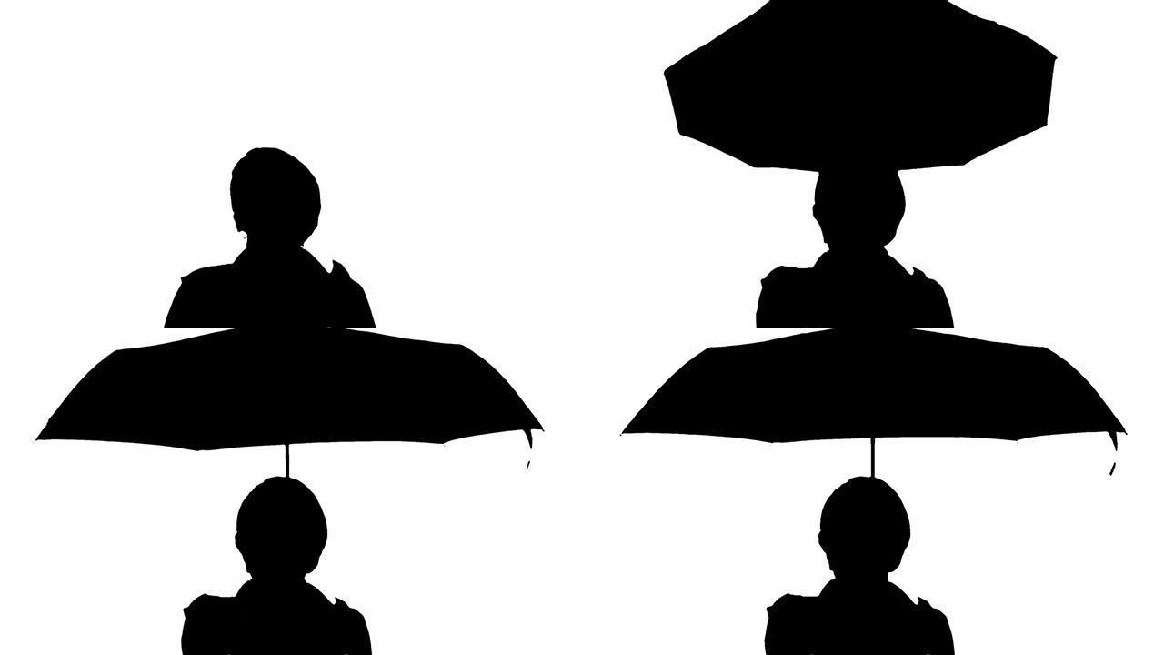 一个带伞的女人的黑白图像。