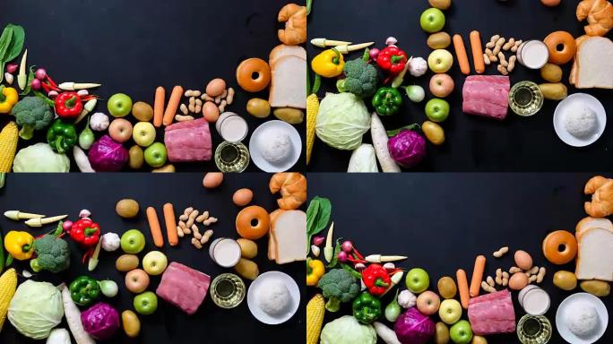 停止运动动画顶视图食物5组黑色背景上的复制空间
