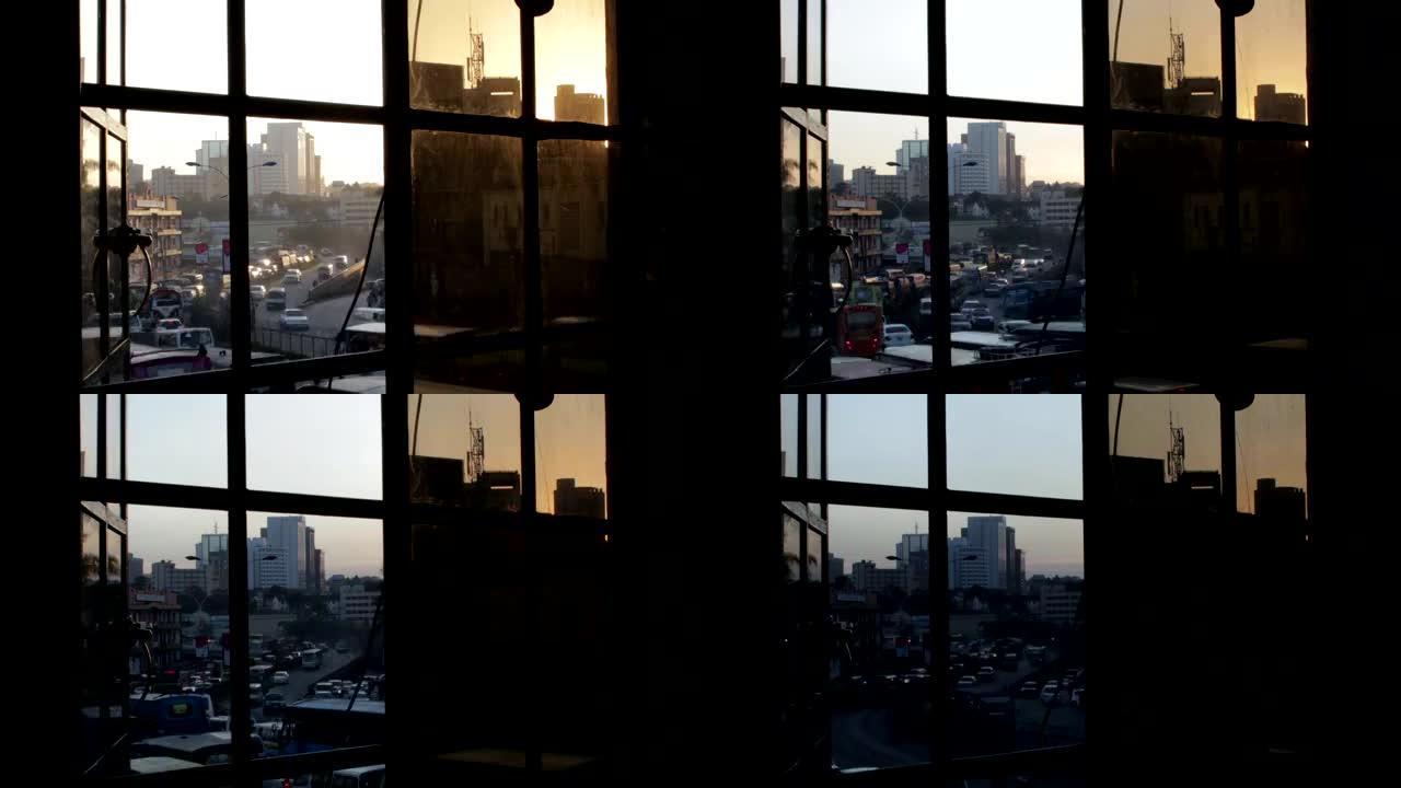 内罗毕有窗户交通的日落，细节