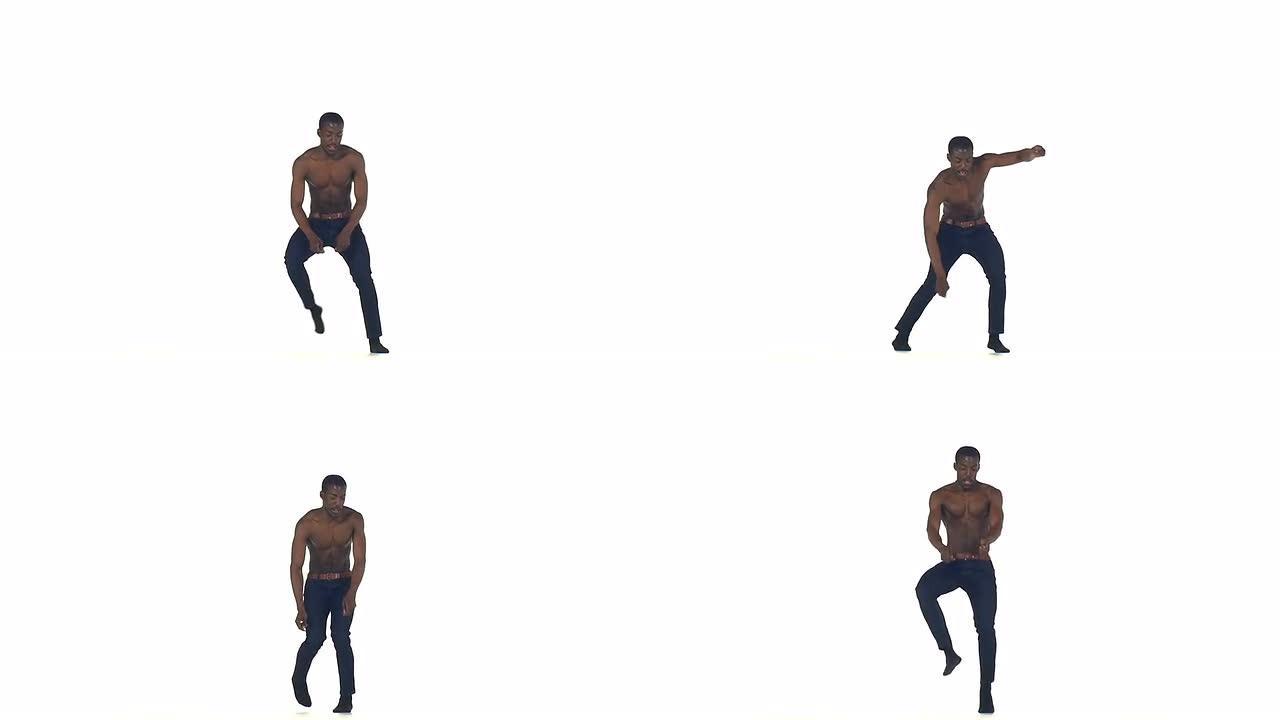 快乐的美国黑人男子舞者赤脚在白人上跳拉丁舞，慢动作
