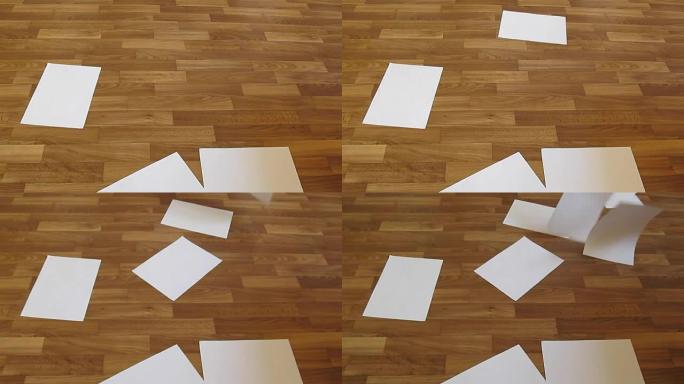 白色干净的办公用纸落在木地板上-12秒