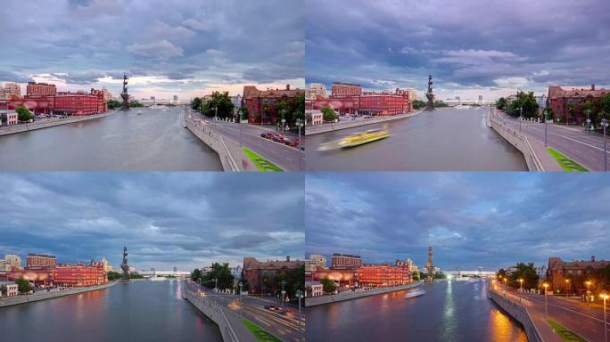 俄罗斯。莫斯科。从莫斯科河全景上的族长桥上可以看到。日夜时光倒流