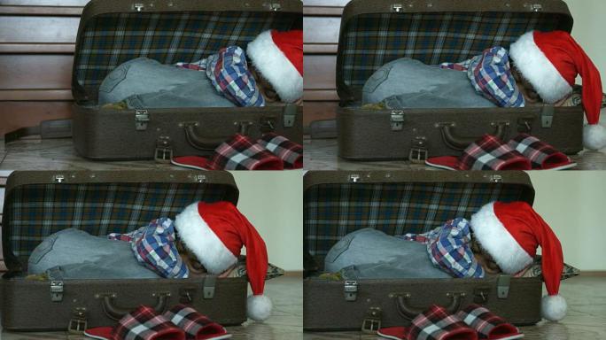 睡在手提箱里的小圣诞老人。