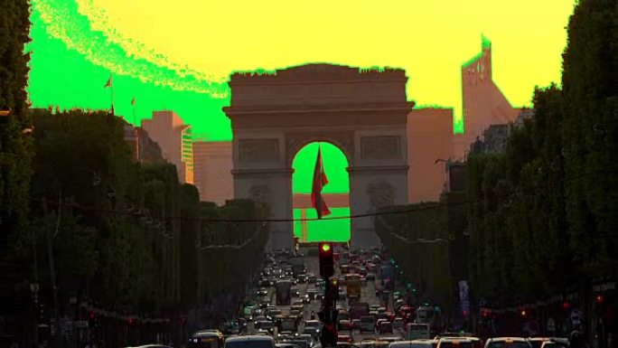 凯旋门日落时的巴黎市-凯旋拱门和香榭丽舍大街