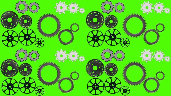 齿轮在绿色屏幕背景上旋转和旋转