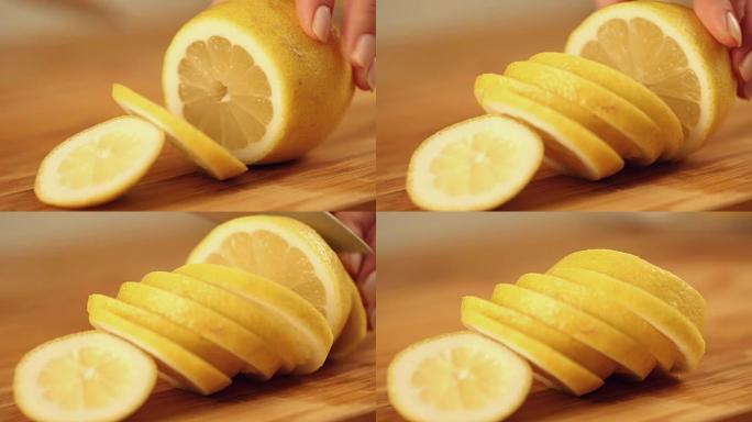 用银刀在木盘上切柠檬。