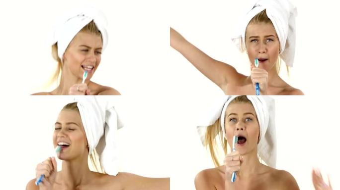 快乐的漂亮女人对着牙刷唱歌。特写，浴室
