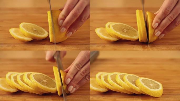 用银刀在木盘上切柠檬。