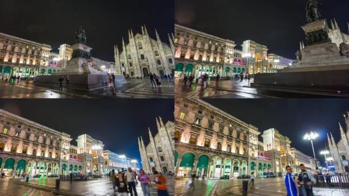 意大利夜大教堂广场豪华画廊维托里奥·埃马努埃莱全景4k延时米兰