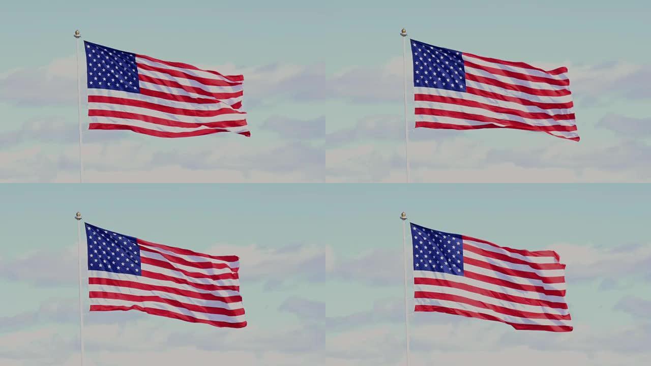 美国国旗在蓝天中飘扬