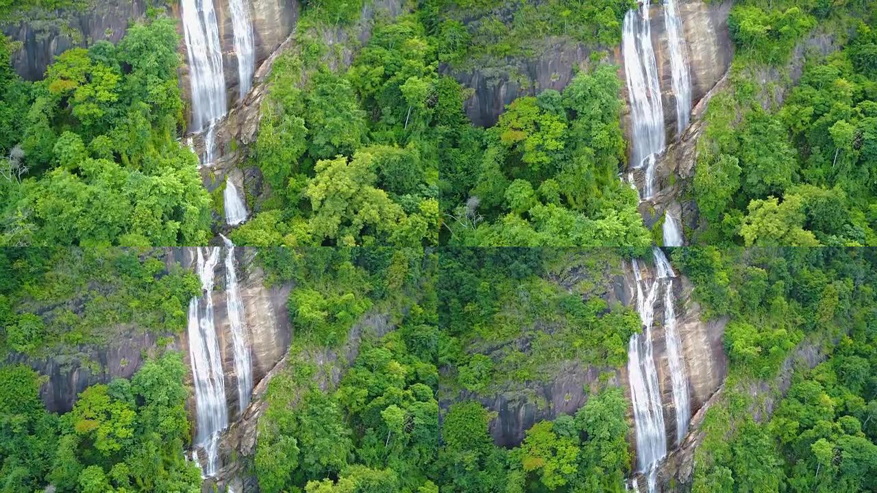 天狼星瀑布的鸟瞰图，喷水溅出了Doi Inthanon国家公园山著名的瀑布之一。位于泰国清迈。