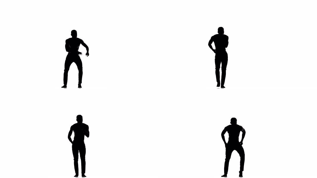 美国黑人男子舞者裸体躯干跳舞拉丁舞蹈白色，剪影