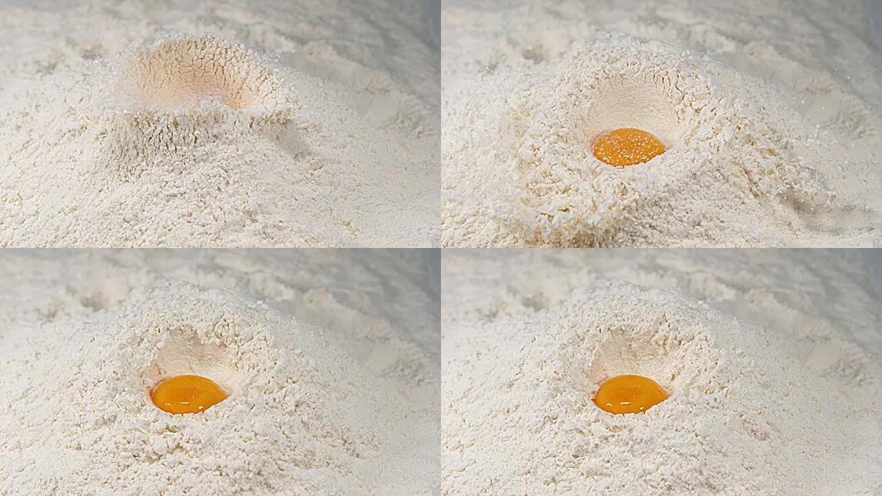 鸡蛋落在面粉上，慢动作4K