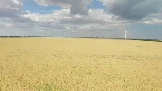现代风力涡轮机在麦田里产生绿色能源。航空摄影测量