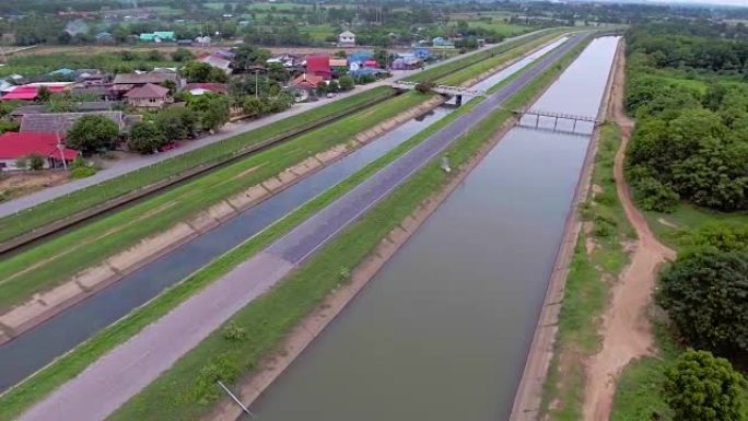 农村灌溉渠道的空中景观，空中视频