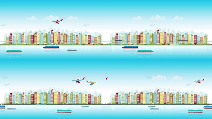 五颜六色的城市天际线，各种车辆的交通以平坦的风格训练飞机汽车船，城市景观，无缝循环