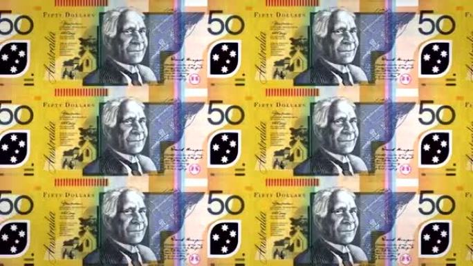 五十澳元的钞票在屏幕上滚动，现金，循环